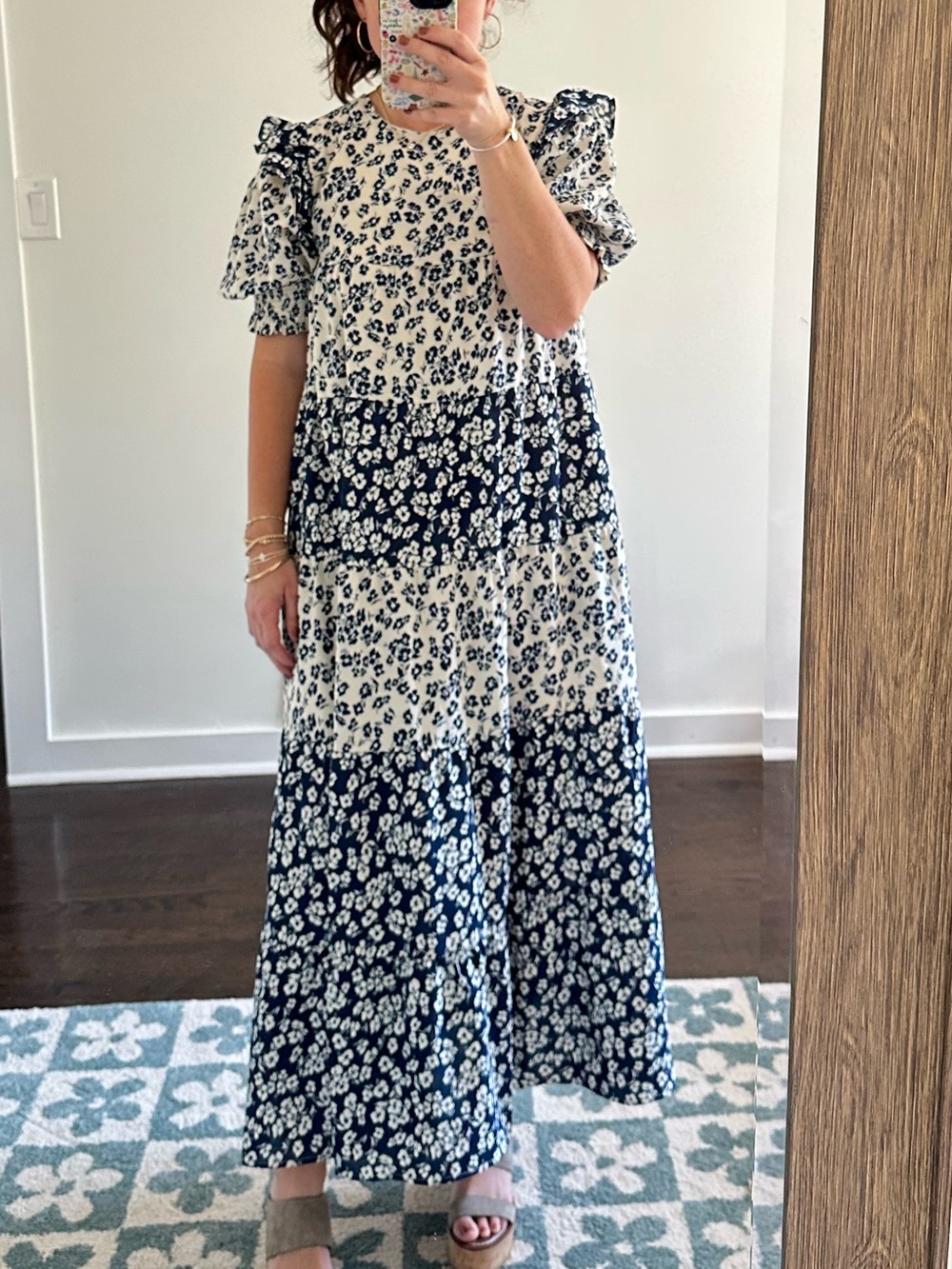 English Factory Blue Floral Puff Sleeve Midi Maxi Dress | Size XS